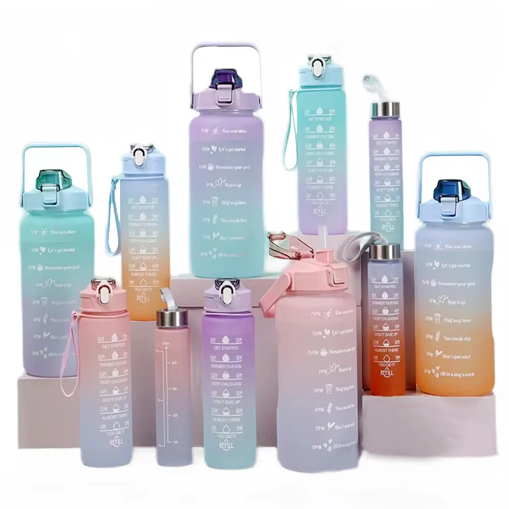 2023 Hot 3-in-1 Set Motivational Sports Plastic Water Bottle with Direct Drinking Straw for Adults Kids Wholesale for School Use