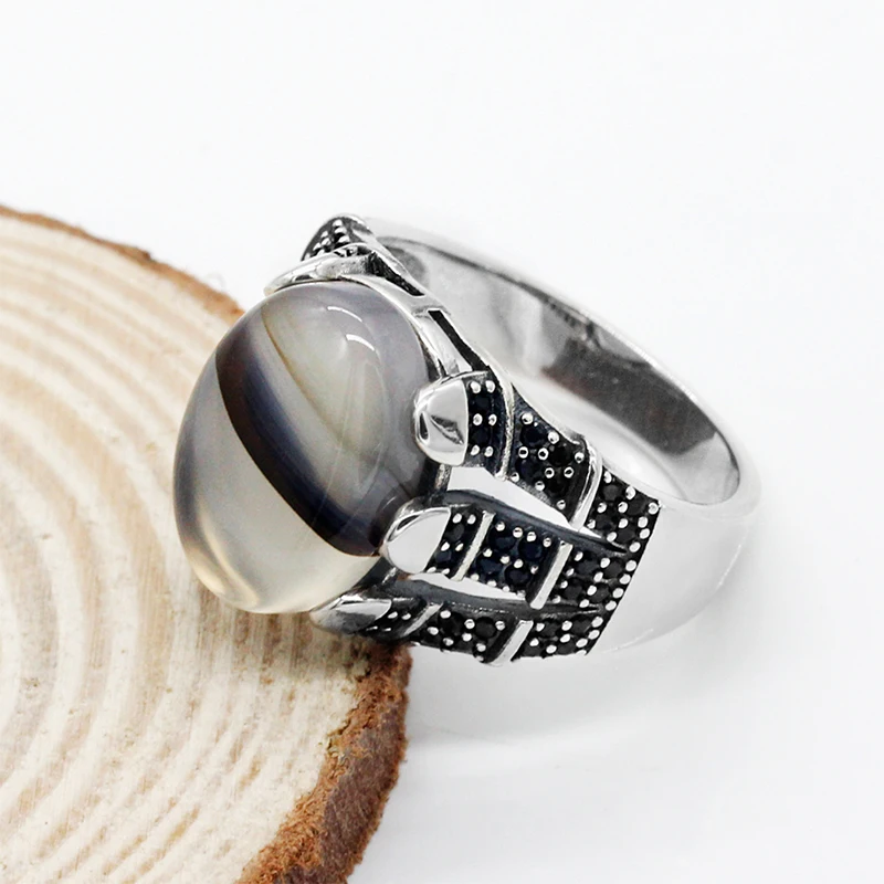 New Arrival 925 Sterling Silver Textual Agate Stone Men Ring,Turkish Jewelry Oxidized Silver Rings for Men Engagement Wedding