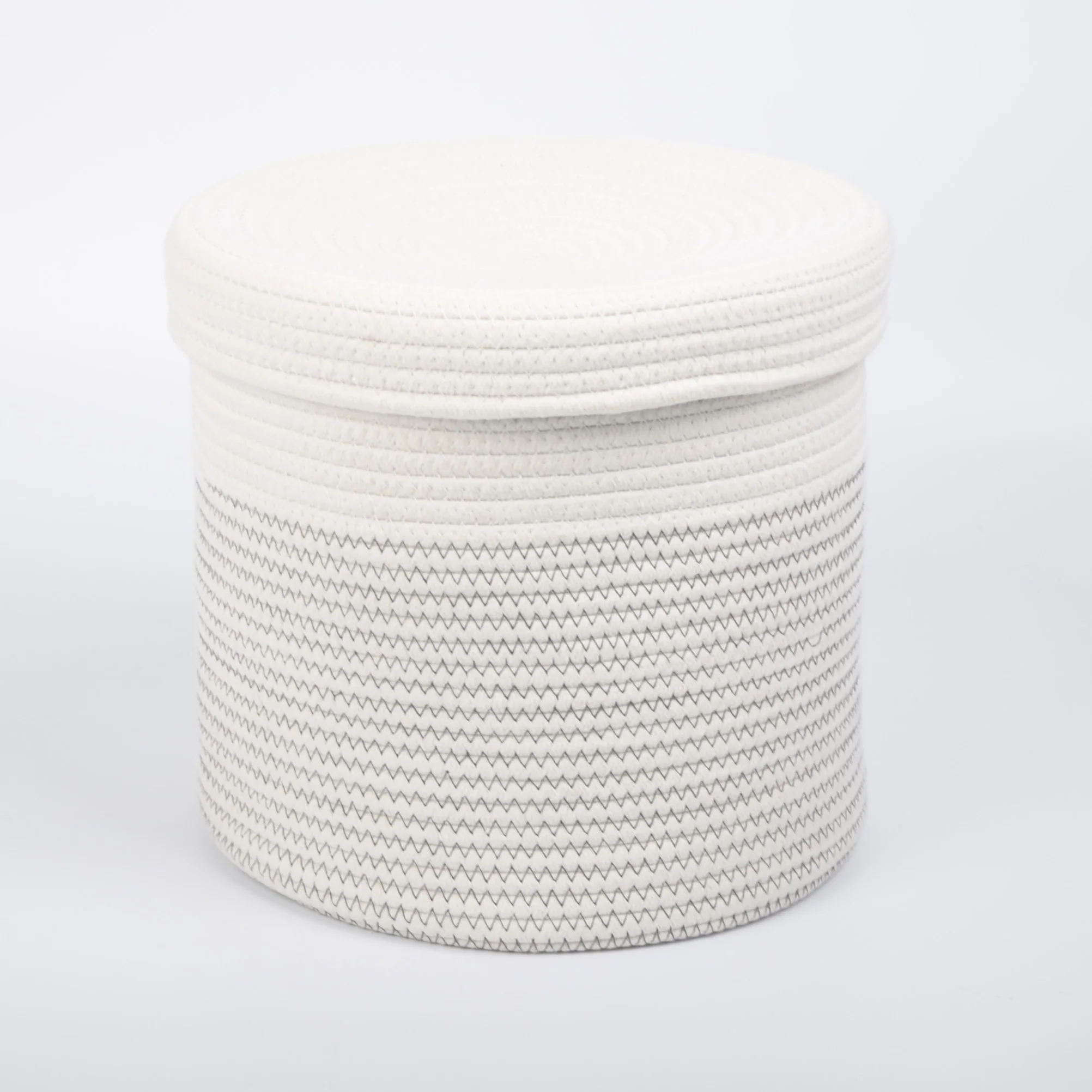 Small Size Laundry hand-Woven Cotton Rope Storage round Basket With white Lid Cover
