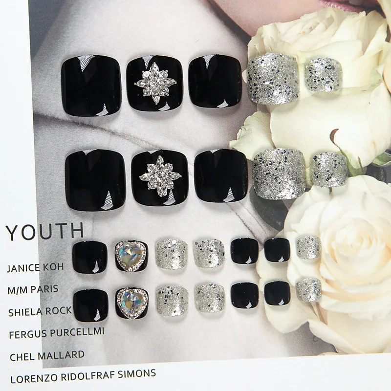 Melason New Black 24 Pieces Short Artificial Full Curved Toe Nail Sticker Tips With 2g Free Ecofriendly Waterproof Nail Glue