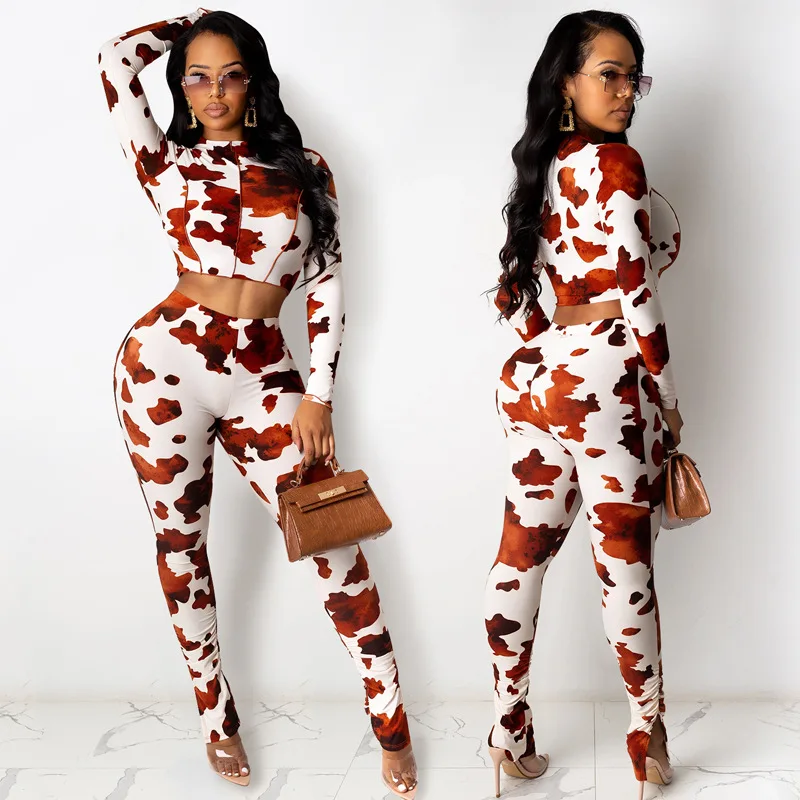 M154 Two piece set women clothing brown cow print spring clothings for women new arrivals 2021