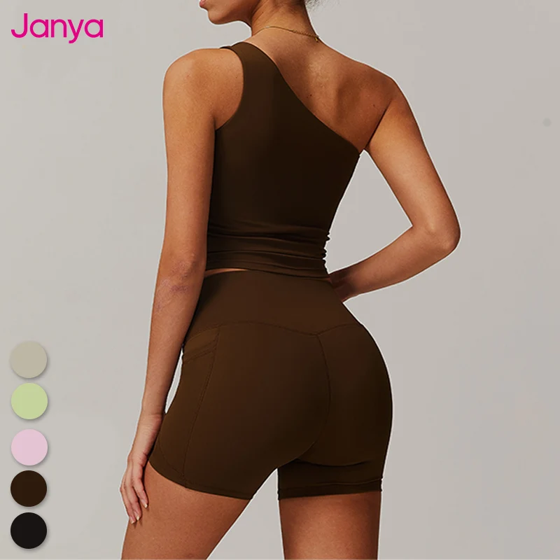 Janya Women Gym Sets Hot Sexy Sport Suits One Shoulder Removable Pads Bra And No Front Seam Side Pockets Yoga Shorts Set