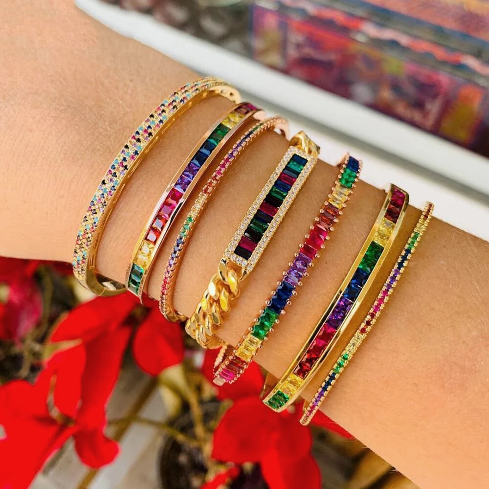 Promotion New arrived rainbow cz paved bridge bracelet bangle for women lady wedding tennis bracelet with colorful cz stone