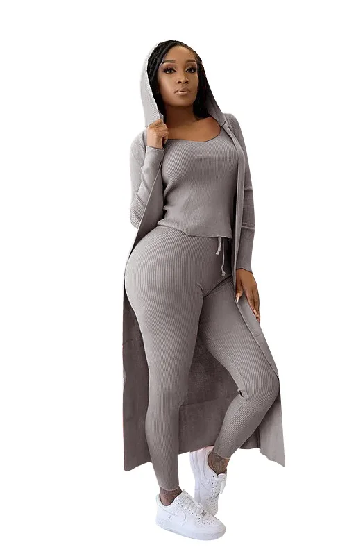 YD - TS1089 Wholesale 3 pieces outfit casual fashion ribbed sets pencil pants solid color hoodie outfit patchwork fall set woman