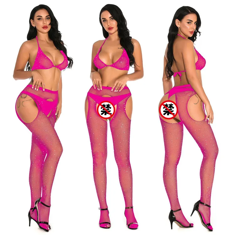 women rhinestone fishnet sexy underwear see through bikini bra set lingerie
