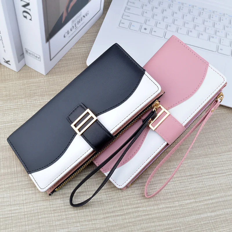 Fashionable Long Women Wallet Multi Card Bag Zipper Snap Button Wallet Contrast Soft Leather Wallet Handheld