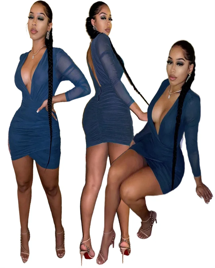 Skinny Mini Skirt Deep V-neck Pleated Sexy See-through Mesh Gauze Party Dress Bodycon Dresses Women Casual Dresses