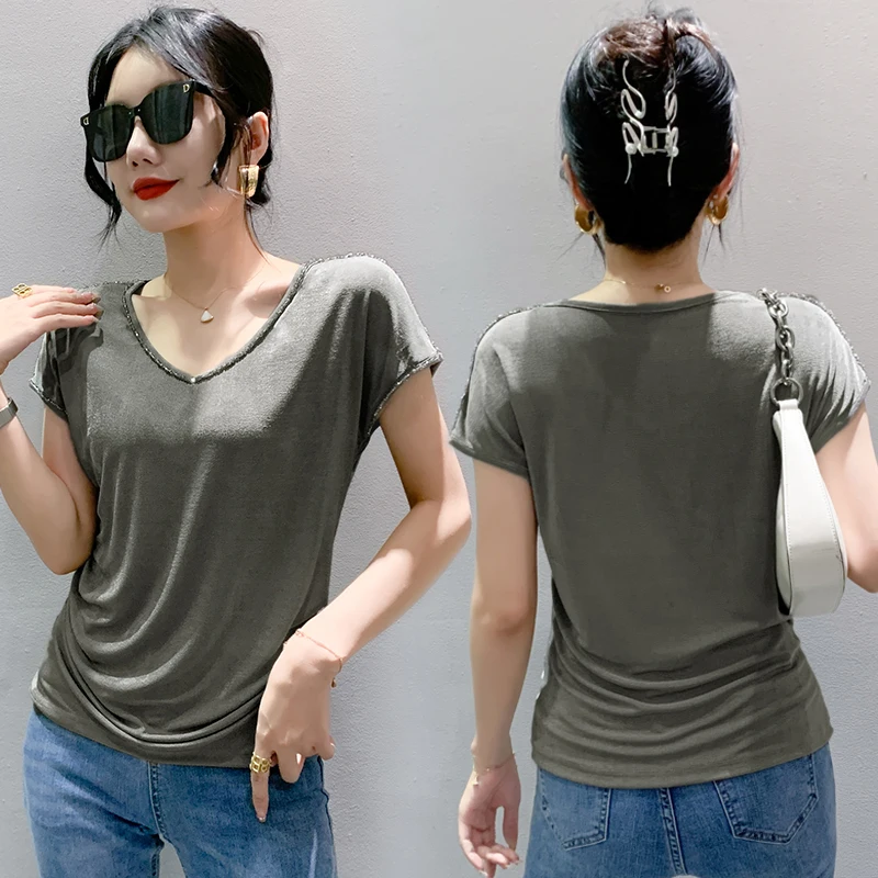MadBlack European Clothes Tshirt Women Sexy V Necks Ruched Slim Tops Short Sleeve Bottoming Tees Summer New Hand Made T37535QM