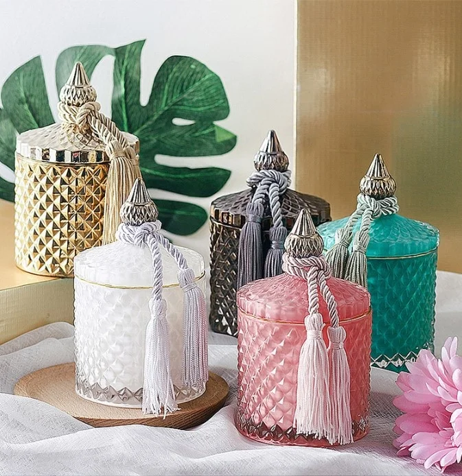 white luxury glass candle jars luxury candy jar geo cut electroplated rose gold glass candle jar