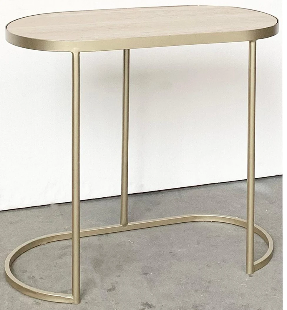 Modern set of 2  pill metal nesting side table with travertine paper top