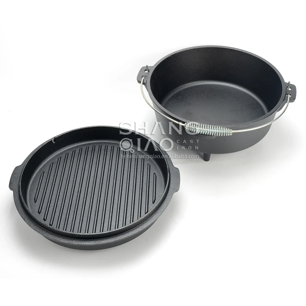 4.5 qt 9 qt camping BBQ Outdoor campfire Pre-Seasoned dutch oven cast iron pot with grill pan lid
