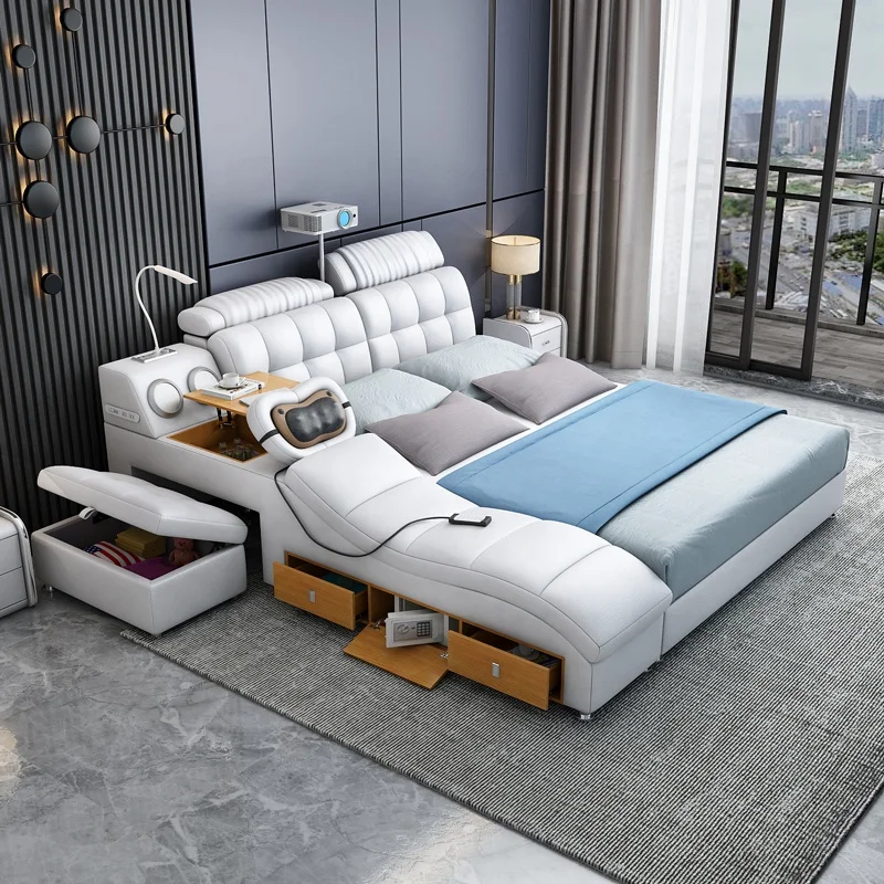Factory wholesale Multifunction Smart Bed With Massage  Frame Leather Double King Size  Beds Modern Bedroom Furniture Set