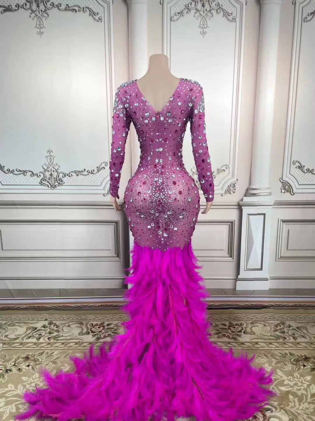 A7011 Fashion Purple Maxi Women Party Dress Beaded Feather Handmade Ladies Long Evening Dress