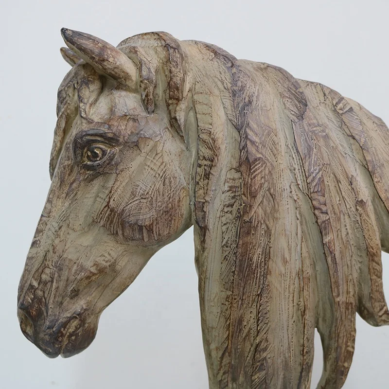 antique resin crafts home decor big size wooden horse head with base statue animal sculpture