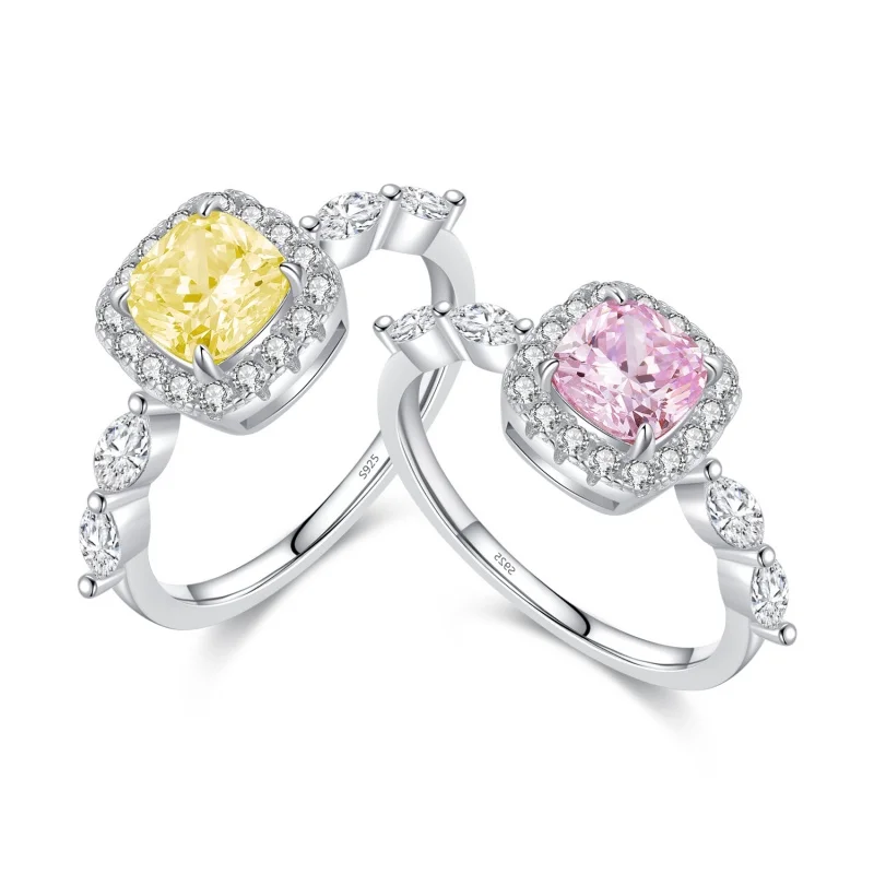 S925 Sterling silver sweet sugar cube light pink goose yellow with diamond crystal light luxury design sense ring women Jewelry engagement rings for women