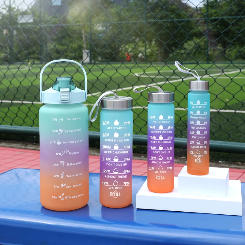 4 Pcs In 1 2L Direct Drinking Plastic Sport Fitness Motivational Water Bottles With Straw And Handgrip Children Cute DIY sticker