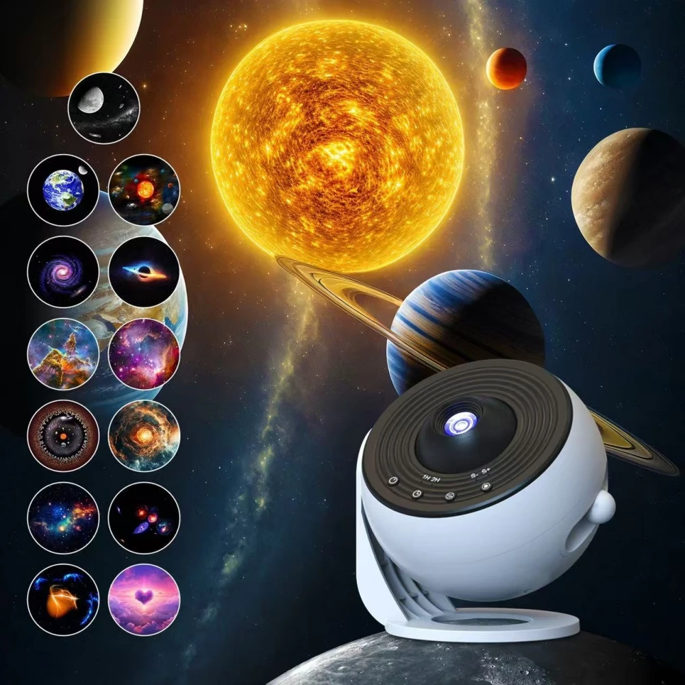 Rotatable Solar System Moon Home Planetarium Galaxy Projector for Star Ceiling, with 13pcs Films, White Noise