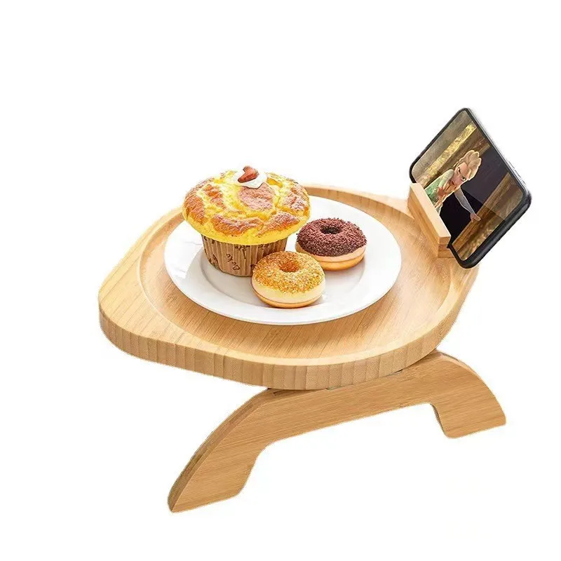 HONGHAO Folding Round Bamboo Couch Armrest Pallet Wooden Sofa Arm Tray with 360 Rotating Phone Holder for Food Home Decor