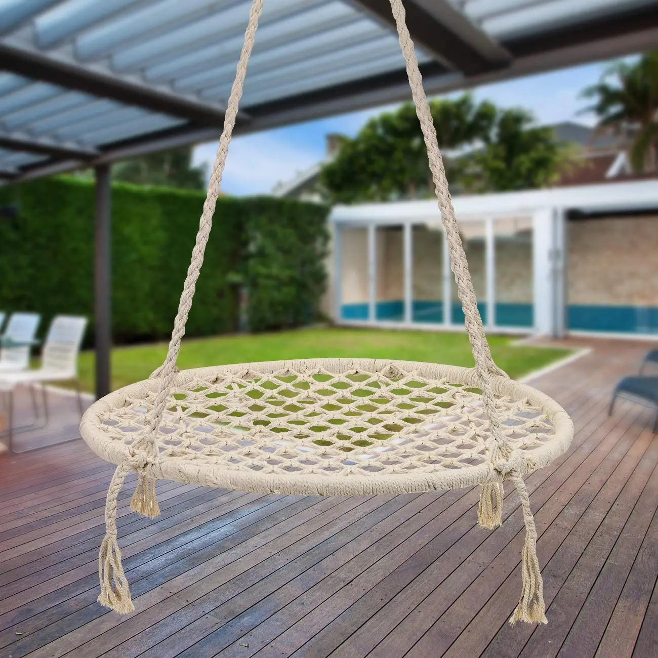 Children Round Swing Platform Mesh Rope Weaving Hammock Swing Chairs For Garden Patio Tree Hanging Swing Flying
