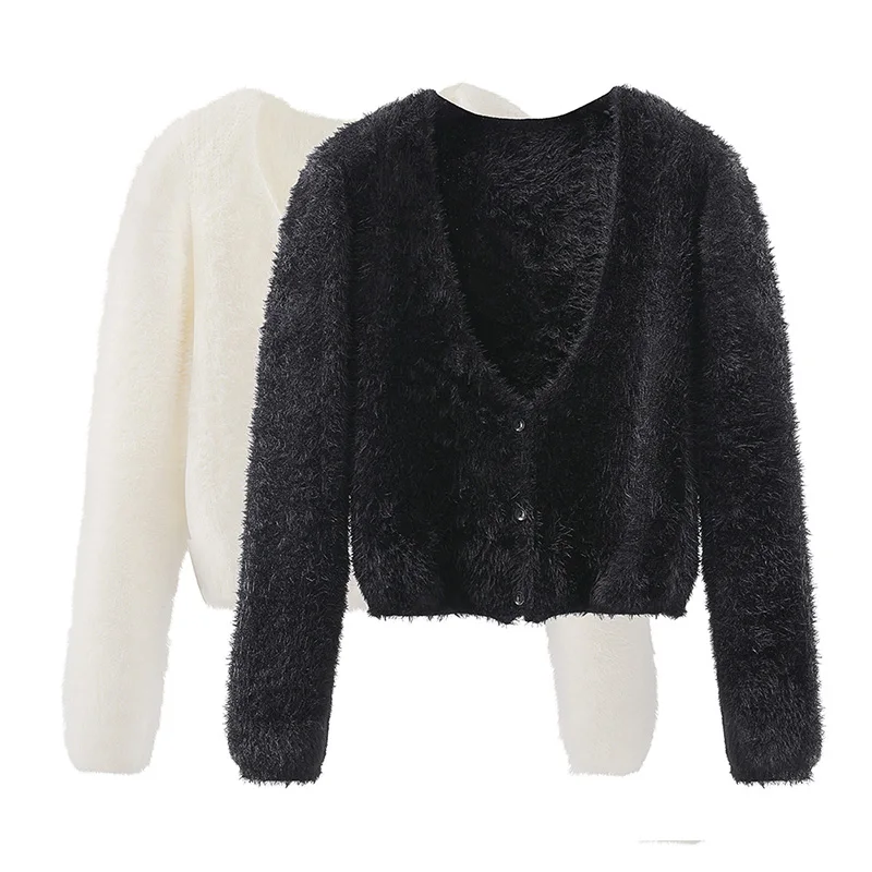 Spring Knitwear Ladies Knitted Womens Black Hairy Cardigan Sweater with Pattern