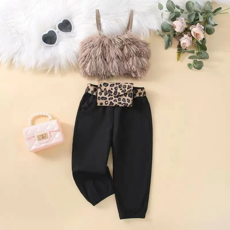 Summer Fashion Kids Girls 3pcs Clothes Sets Furry Spaghetti Strap Tank Tops + Long Pants + Waist Bag Children Outfits