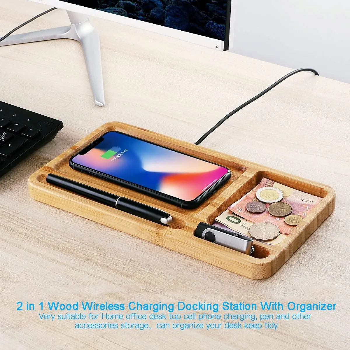 Bamboo Wireless Charger Stand Wireless Charging Station With Desk Organizer Docking Tray  With Desk Organizer