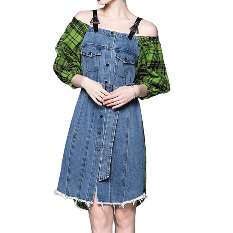 Fashion Summer off shoulder splicing patchwork sewing  washed Casual midi long Denim Jeans  women Dress