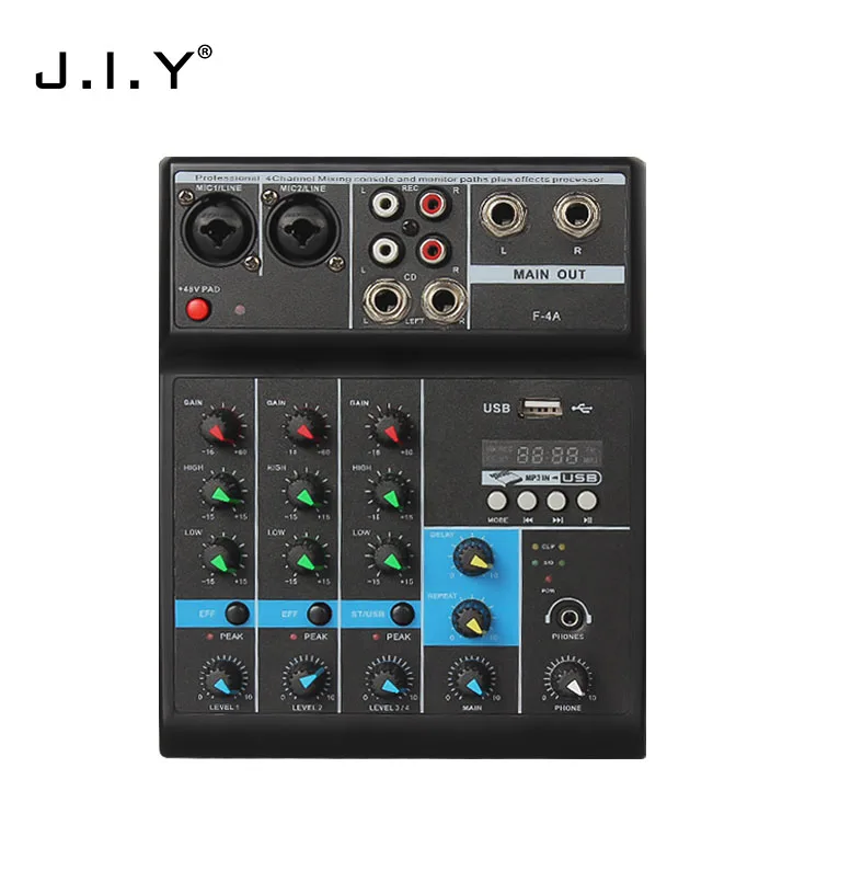 J.I.Y брендовая модель F-4A оптовая продажа высокое качество небольшой аудио микшер с USB и Bluetooth