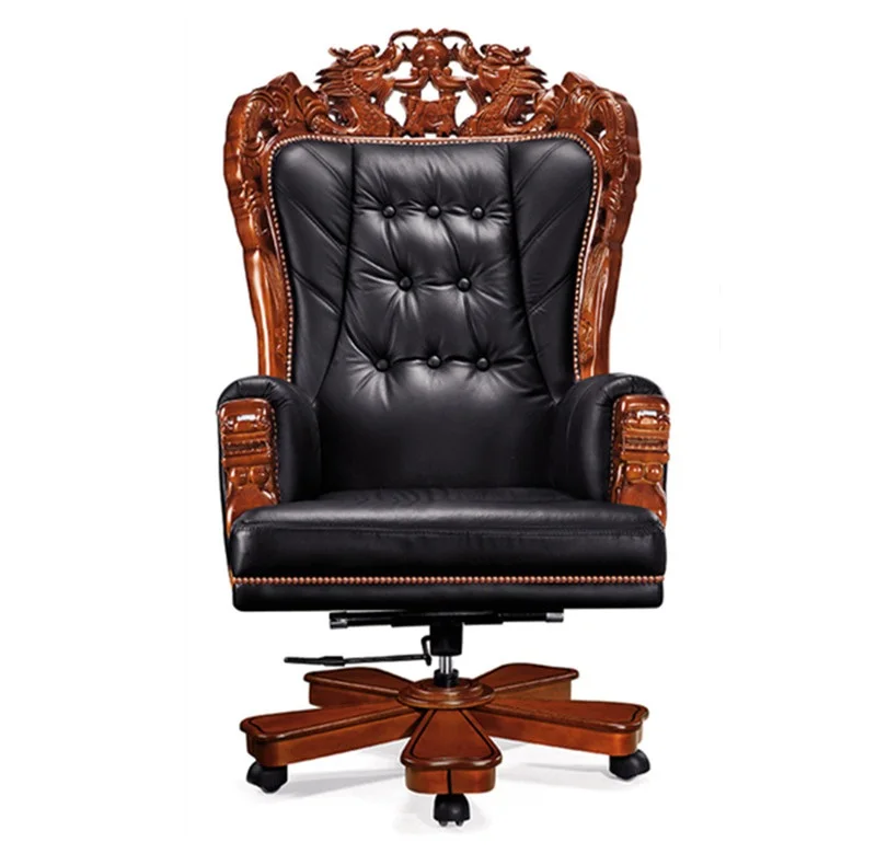 Italy antique Design Luxury Wooden Carved cowhide leather office Executive boss recliner Chair