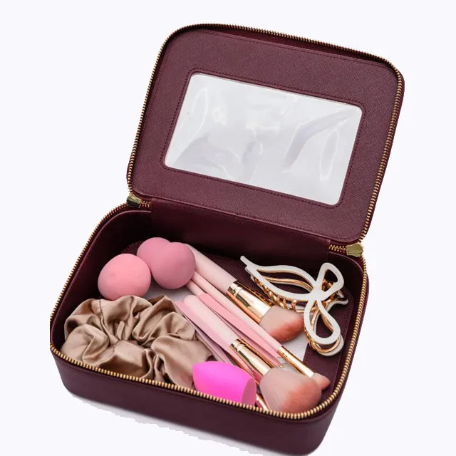 Travel PU saffiano leather makeup bags handle zipper clear wash case transparent cosmetic bag for women