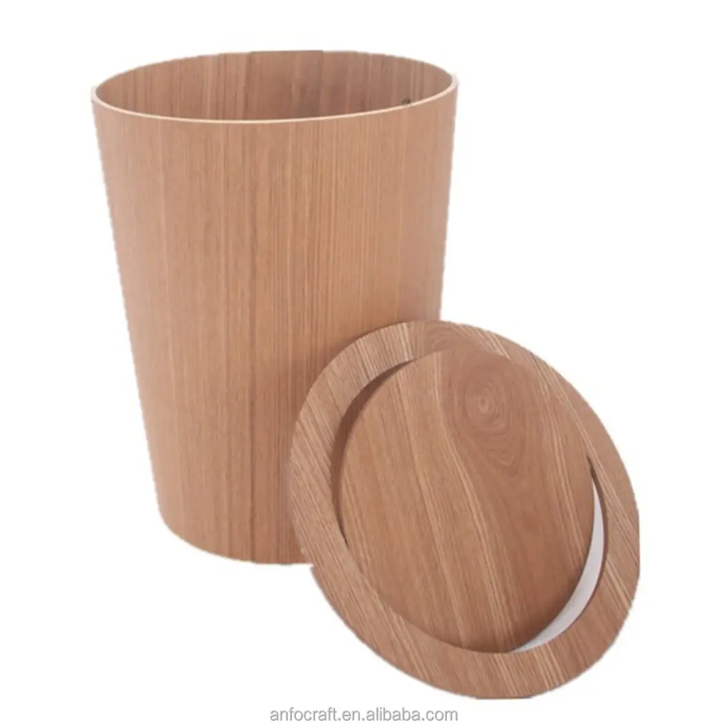 Modern Round Trash Can with Lid Wood Grain Waste Basket in Walnut Small Garbage Can for Bedroom Living Room  Office  Bathroom