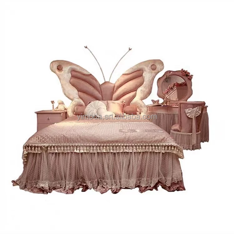 Top end Princess kid butterfly Bed Solid Wood Antique Hand Carved wooden Beds Luxury Palace princess pink Bed