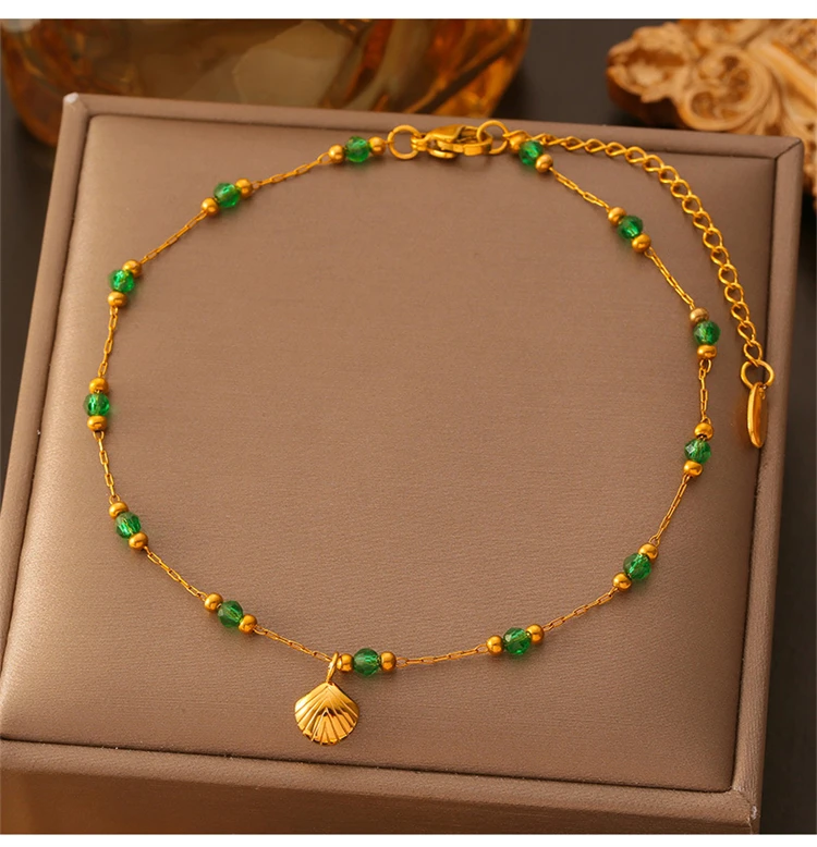 CH110 Factory Wholesale Green Beads Bohemian Shell Charm Stainless Steel 18K Gold Plated Anklet Women Fashion