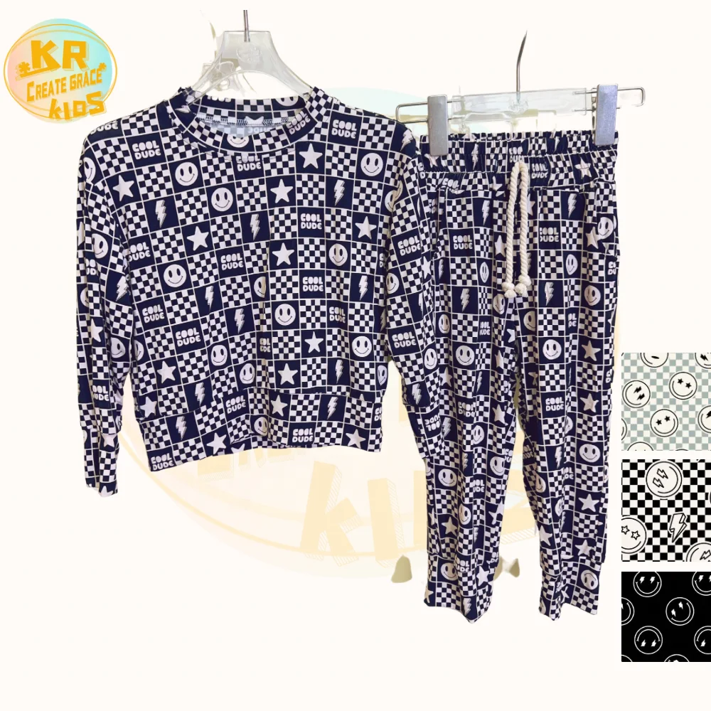 Wholesale Bamboo Fabric Plaid Smile Long Sleeve Jogger Outfit Drawstring 2 Piece Toddler Boys Clothing Sets