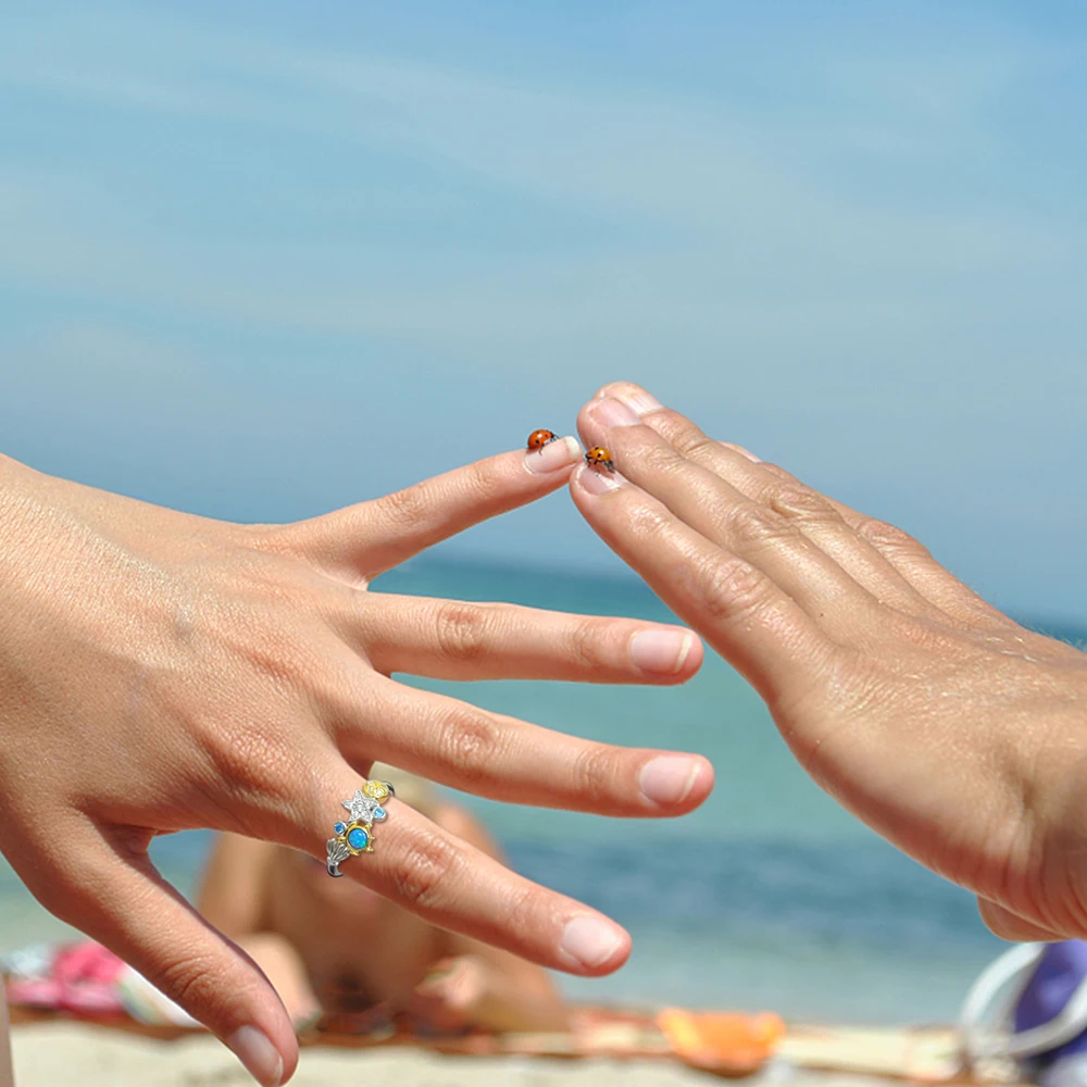 925 Sterling Silver Opal Turtle Ocean Blue Sea Life Starfish Star Rings Summer Beach Jewelry Birthday Gifts for Women Girl