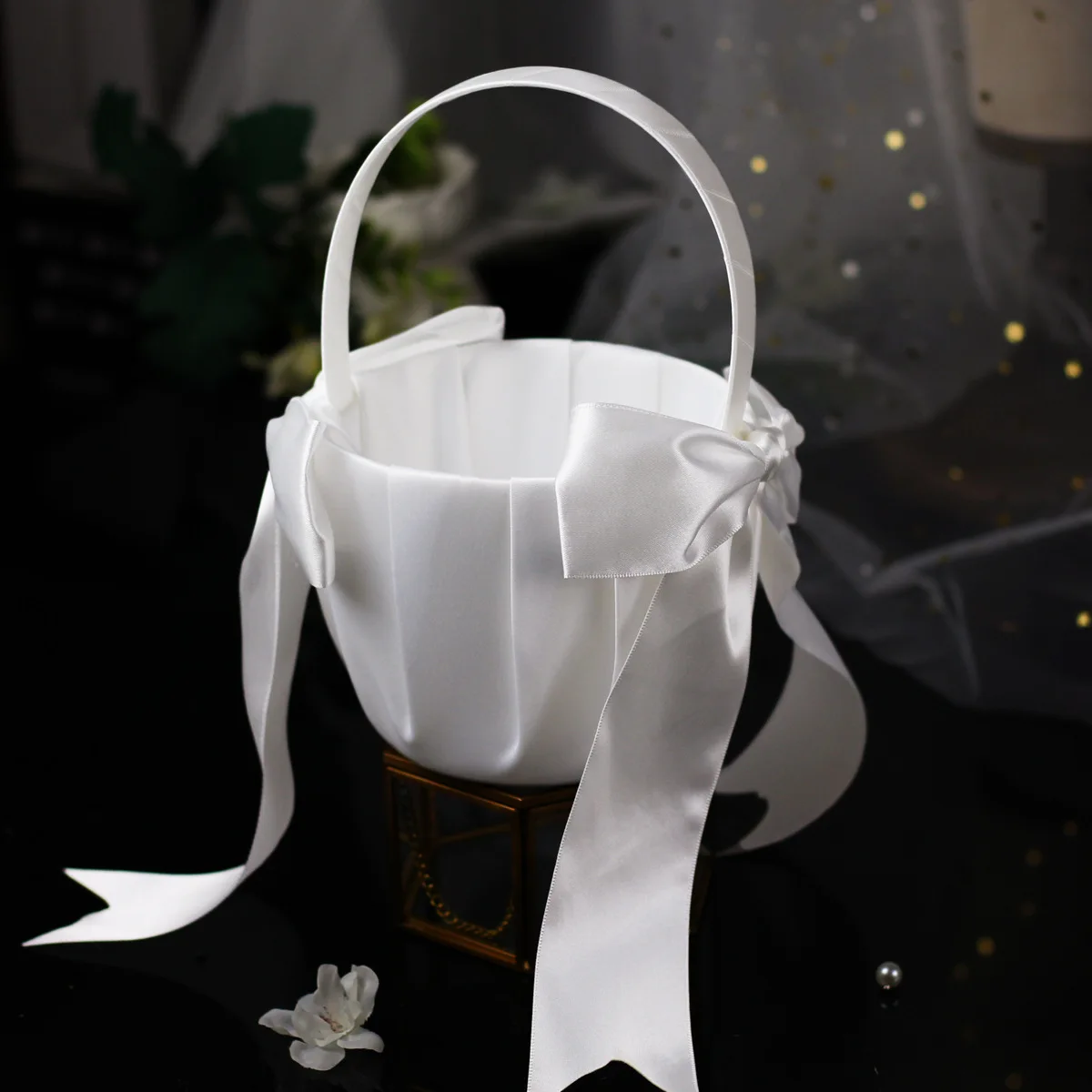 NANTEX popular solid color white satin style bride wedding flower basket knot flower girl   basket