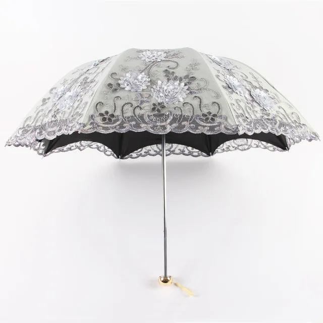 New Design Lace flower embroidery parasol wedding fabric umbrella with black coating