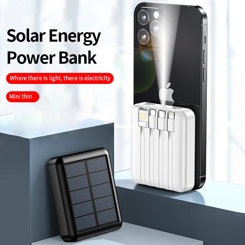 Hot Sale Solar Power Bank 10000mAh Power Banks energy with LED light Portable Powerbank Built in 3 Cables