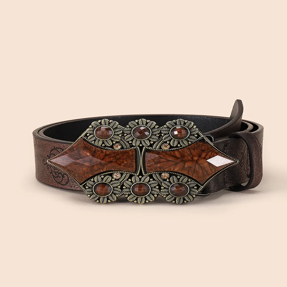 Fashion alloy retro patchwork wood bead print ethnic style sexy PU belt designer belts for women punk belt