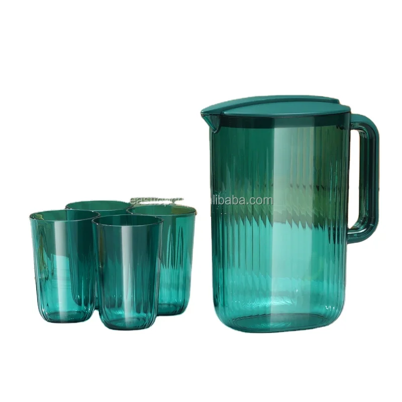 BPA FREE Plastic Pitcher with Lid, Spout and handle, Cold and Hot Water Pitcher Set with 4 Matching Cups and Serving Tray