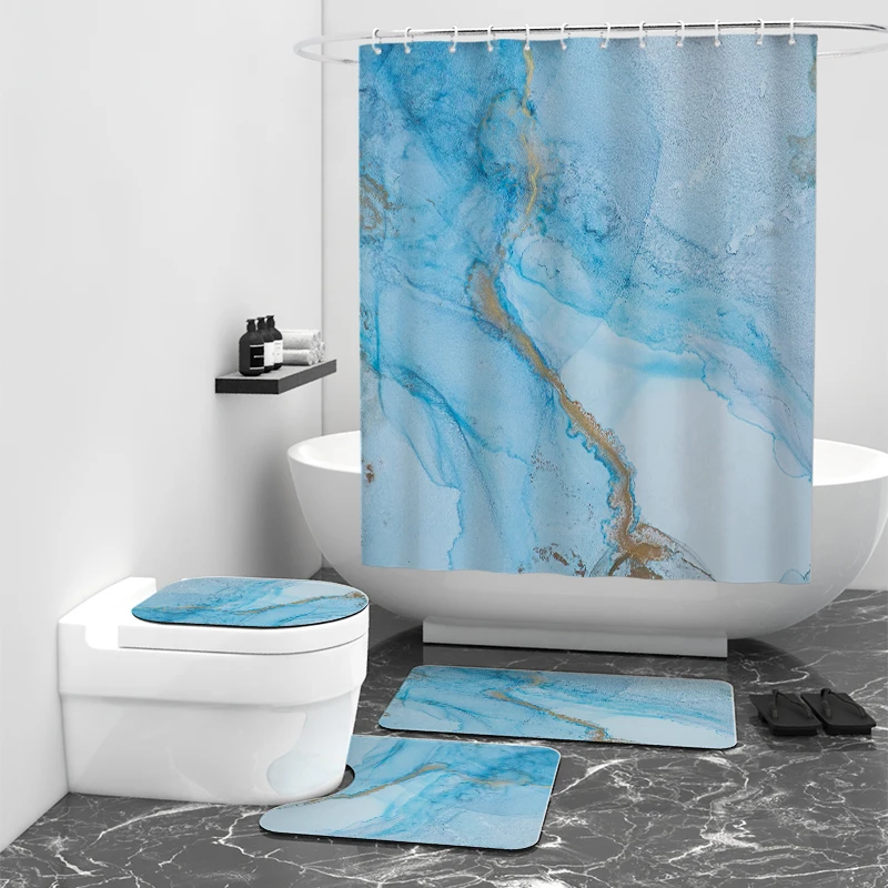 4Pcs Luxury Marble Shower Curtain Sets with Toilet Lid Rug Bath Mat and Contour Mat