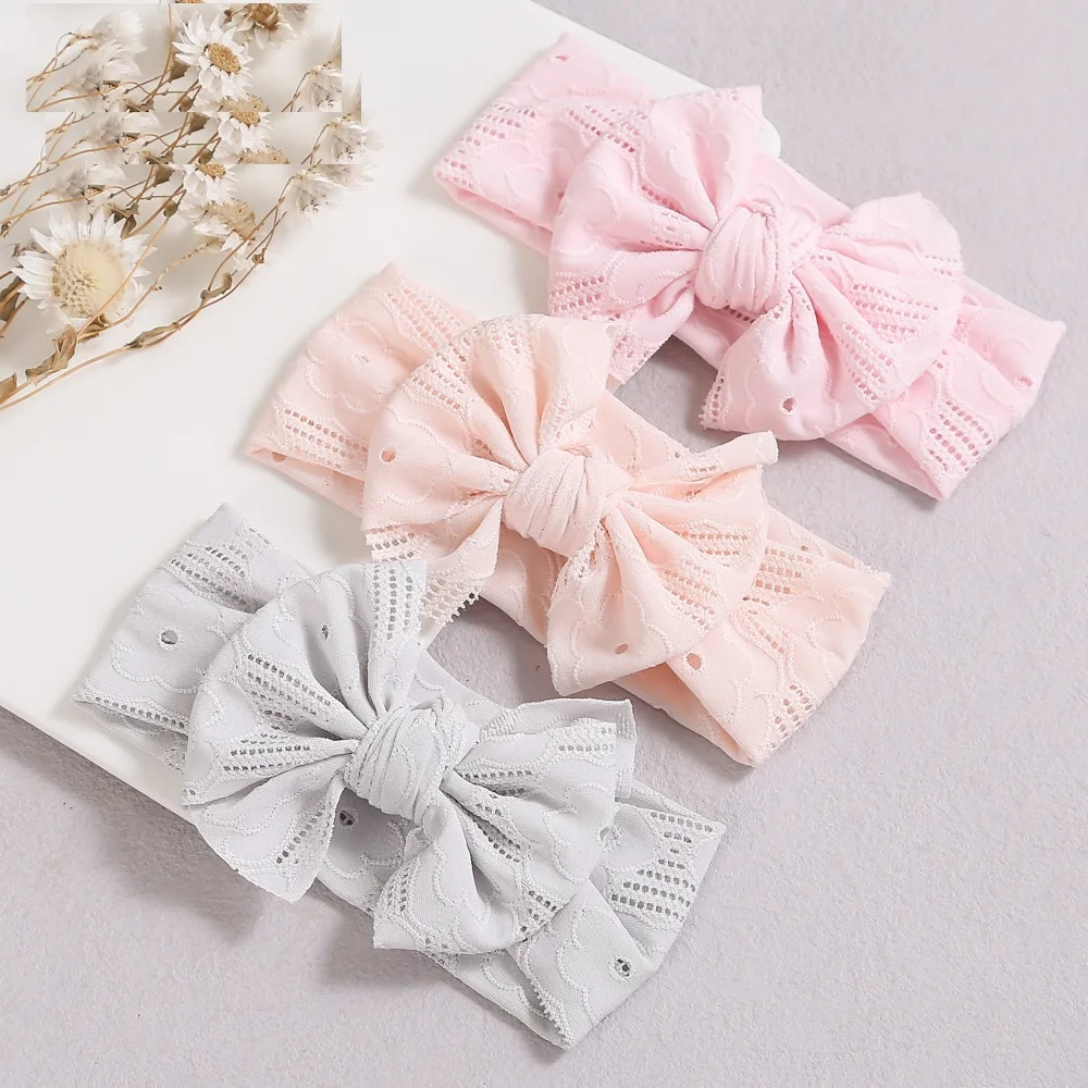 Jacquard Hair Bows Ties Baby Headband Pattern Lace Fabric Soft Bowknot Turban Wrap Bows for Girls Hairs