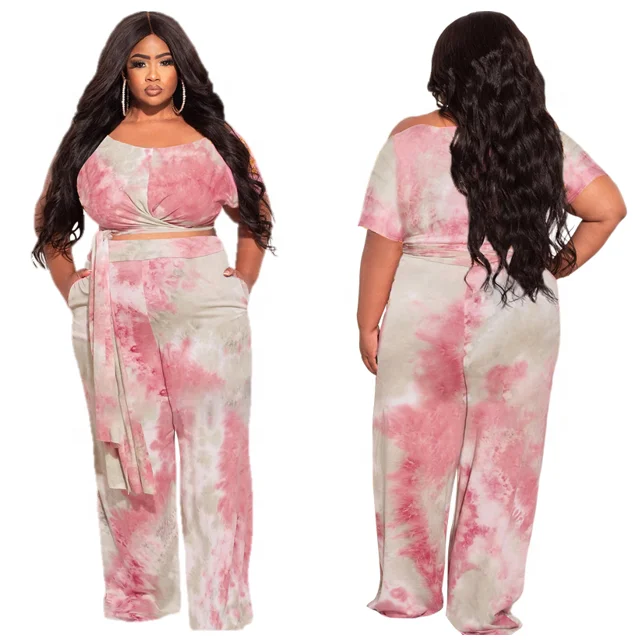 2022 New Trendy Casual Lace-Up T-Shirt Wide Leg Pants 5Xl Two Piece Set Summer Tie-Dye Bandage Print 2 Piece Plus Size Pants Set