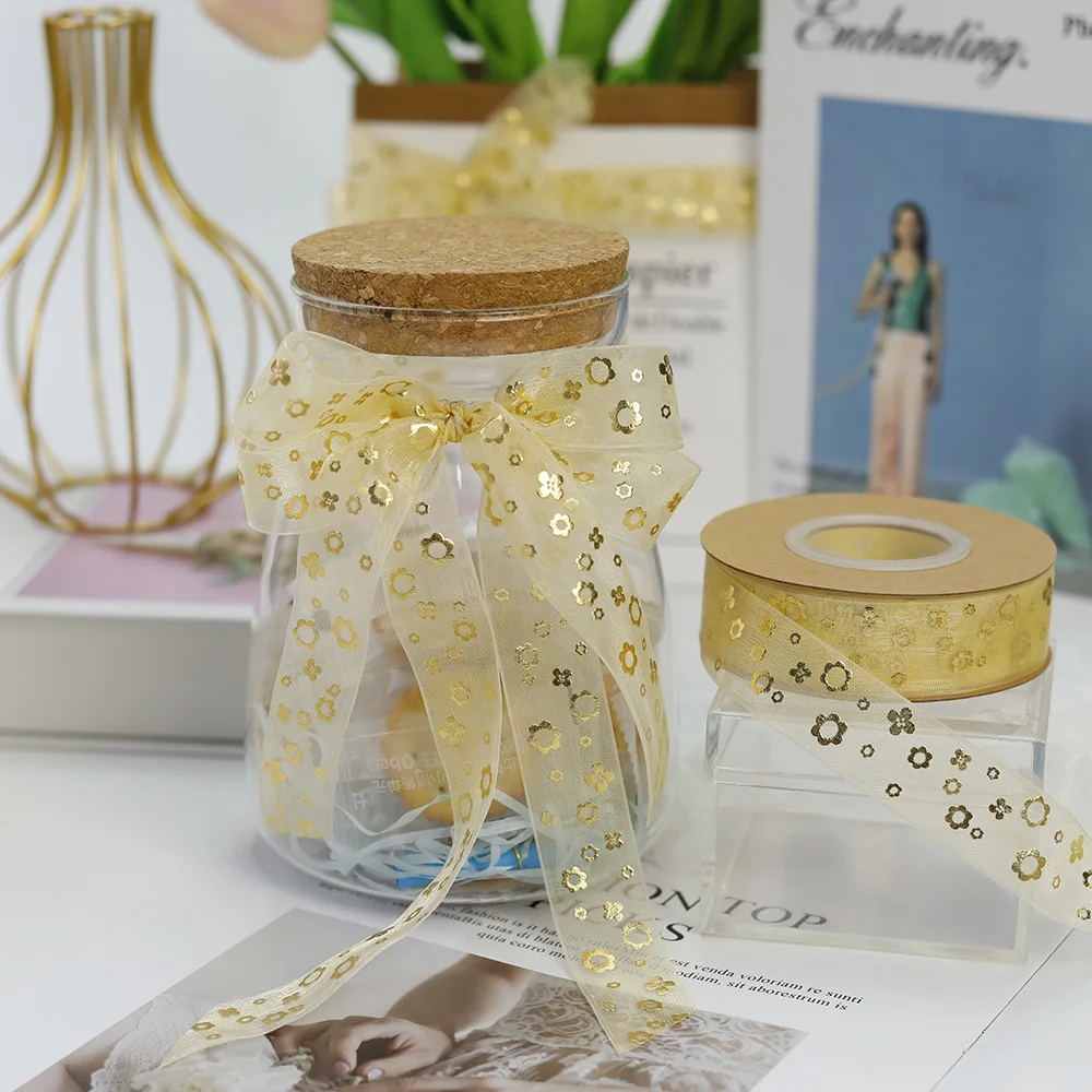 Factory wholesale sheer ribbons 3d gold foiled print embroidered custom logo lace printed organza ribbon roll