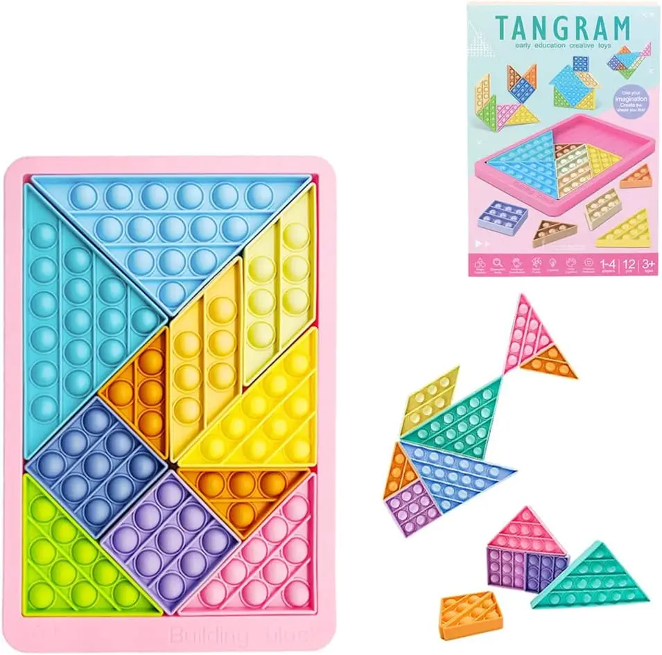 Hot Sale Stock  Fidget Game Tangram 12pc Jigsaw Puzzle Game Pop Push It Bubble Toys Stress Relief Silicone Pop Puzzle Toys