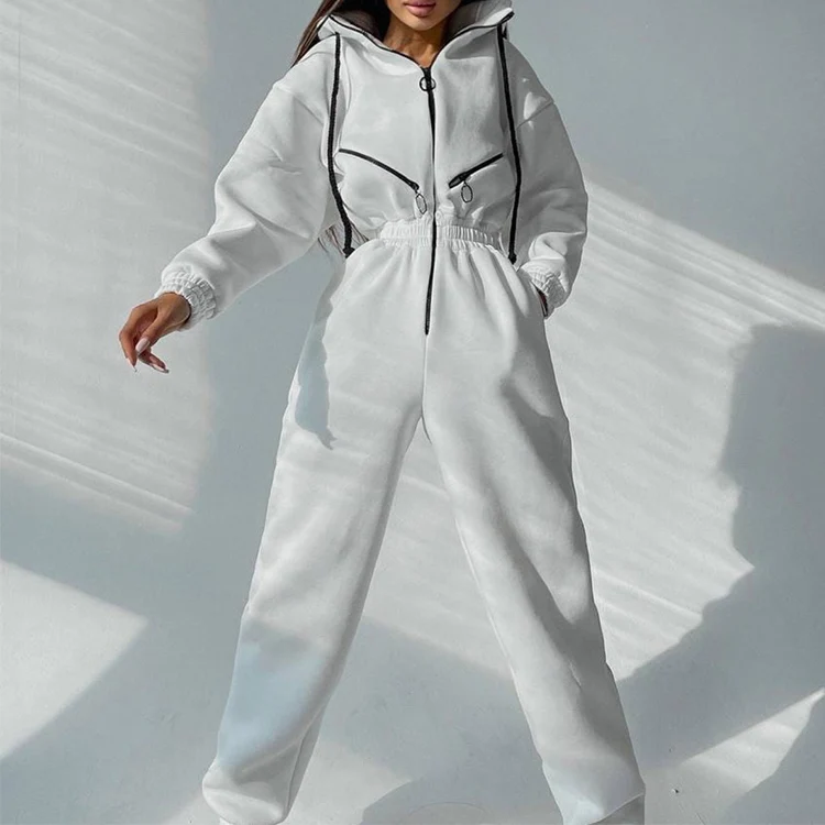 Fashion Women Casual Cotton Bodysuit Zip Up Hoodie Elastic Waist Jumpsuit