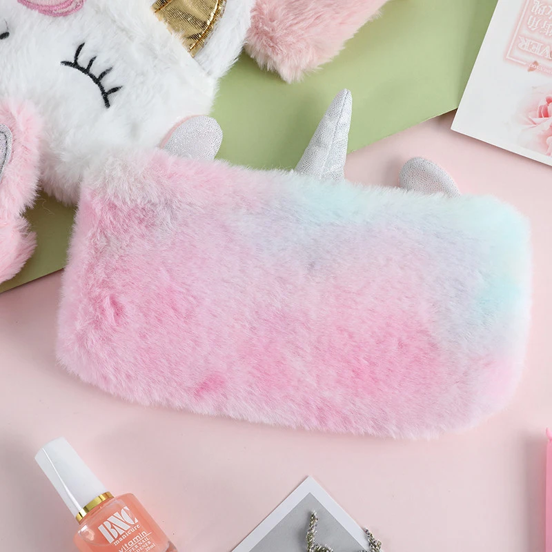 Flocking emulates fur unicorn custom school cute pencil case for girls