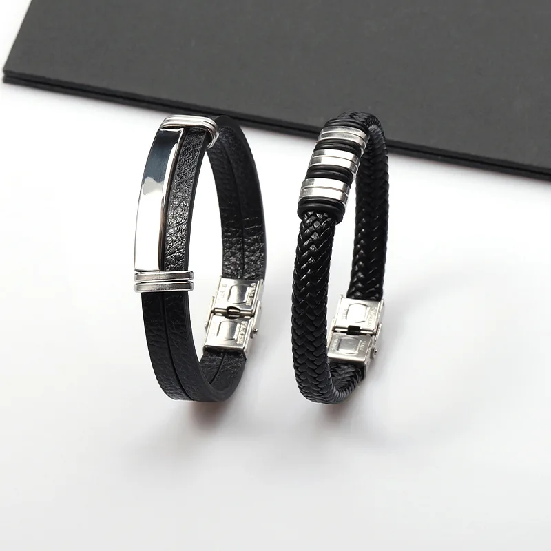 Leather Stainless Steel Press Button Bracelet For Men Retro Black Woven Bracelet