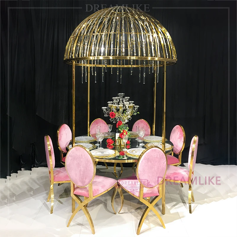 Wholesale Modern Gold Stainless Steel Mirror Glass round Dining Table for Weddings Events Banquets Parties Outdoor Hotel Use