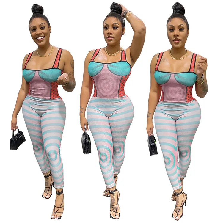 JM032 Wholesale one piece jumpsuit romper sexy woman outfit print sleeveless sexy jumpsuits club wear